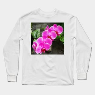 Fuchsia Pink Tropical Orchid Flowers near Waterfall Long Sleeve T-Shirt